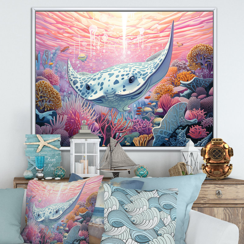 «Manta Rays Drifters Landscape II», reproduction d'art sur toile, Cadre flottant blanc, H 16 po x l 32 po