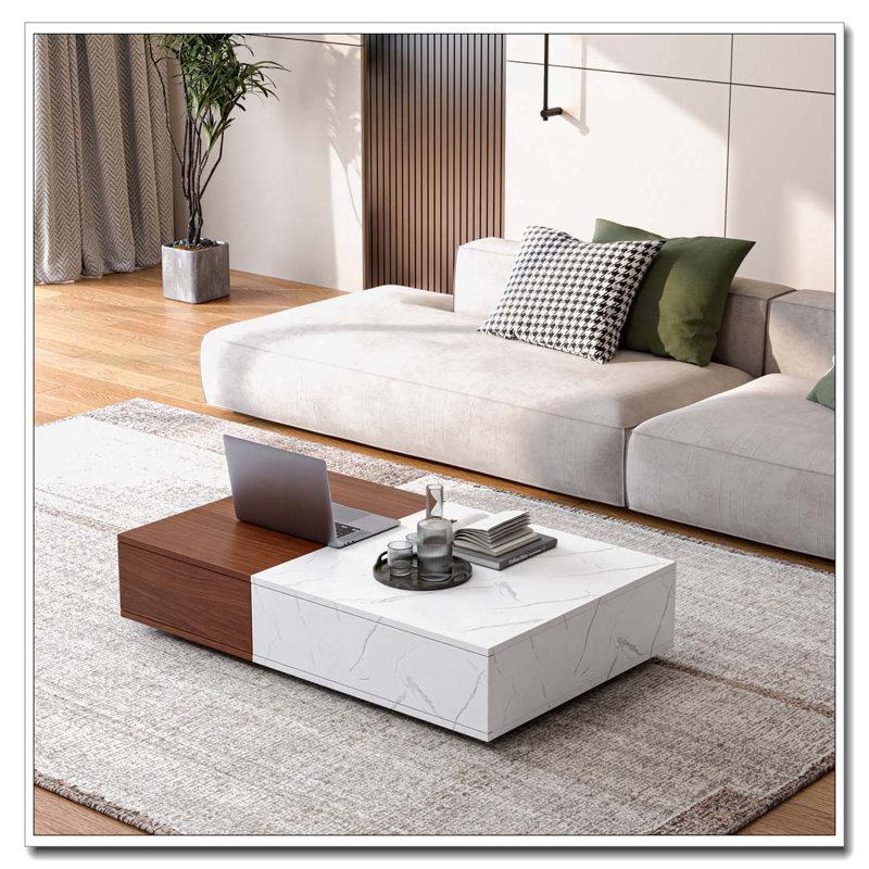 Storage Coffee Table, Black/White, Marble