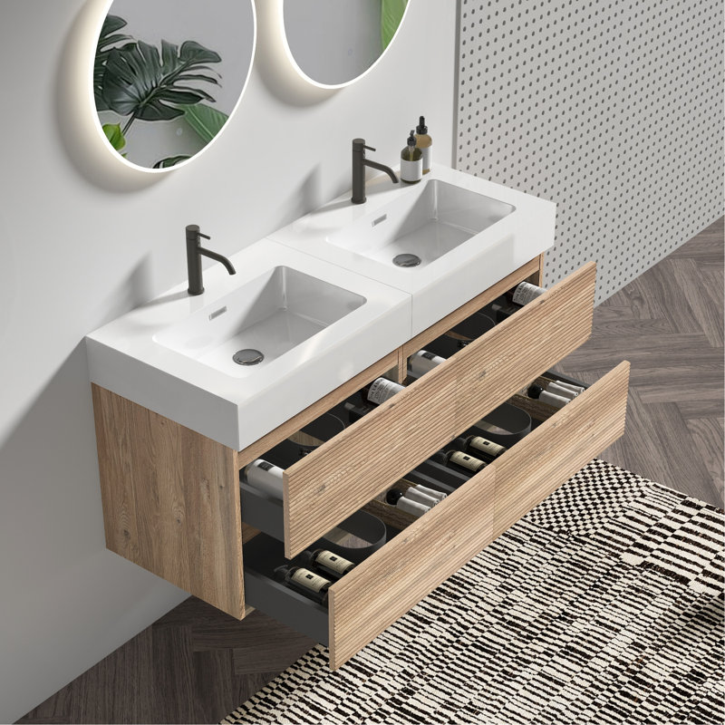 Meuble-lavabo 48 po avec lavabo en quartz d'ingénierie en chêne et tiroirs noirs doux, meuble-lavabo mural flottant pour salle de bain moderne, blanc brillant mat une pièce
Bassin