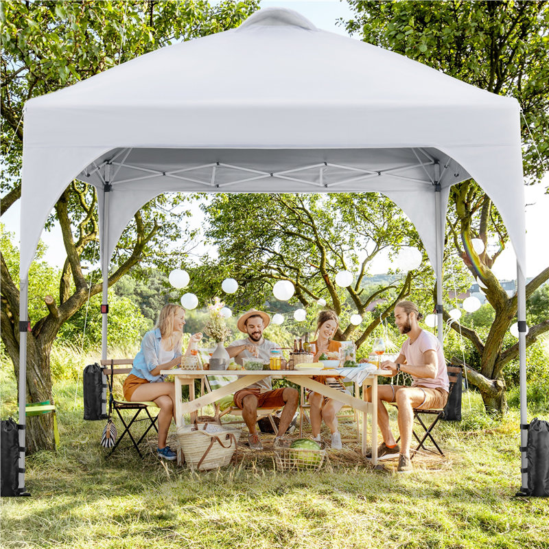8x8 Ft White Steel Pop-Up Canopy Tent with Roller Bag