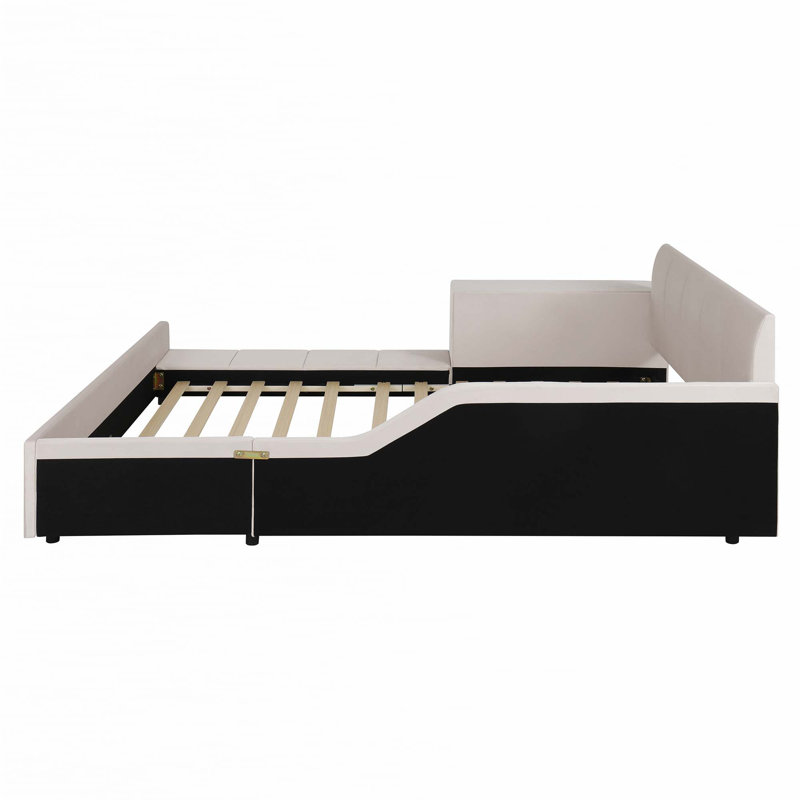 Lit tapissier à la terre, lit mère et enfant avec bureau de chevet et petit tabouret rond, Beige, Grand