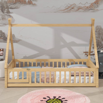 Twin-Sized Montessori-Style Floor Bed Featuring Fence And Door