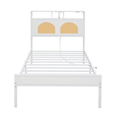 Cadre de lit simple avec tête de lit décorative, lumières à DEL, station de charge, aucune fissuration, éclairage blanc, 2 ports, rangement inférieur, assemblage rapide,