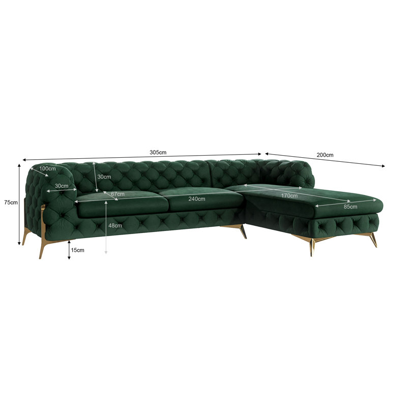 Chesterfield Corner Chaise Sofa  with Gold Metal Legs, Right Hand Facing, Bottle Green