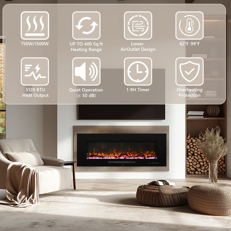 Abbriella Recessed/Wall-mounted  Electric Fireplace With Remote Control, Black, 18.34" H x 84" W x 5.46" D