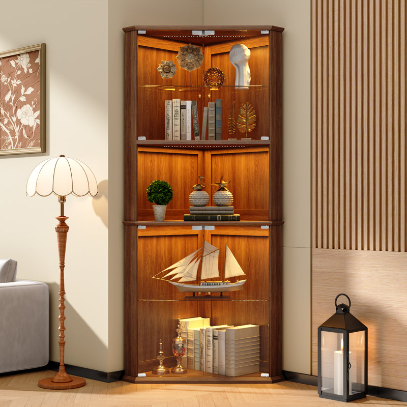 71.6" Corner Display Cabinet With LED Lights, 6-Tier Tall Curio Cabinet With Adjustable Glass Shelves&Glass Door, Wine Cabinet For Living Room, Home Bar