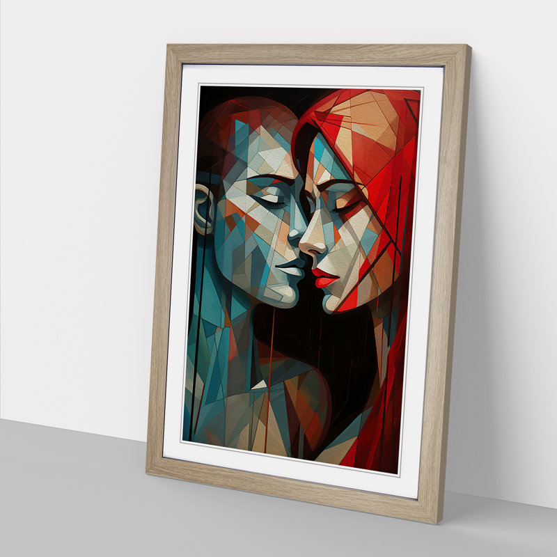 XYZ-FRM-V1223-4387 Lovers Geometric No.3 - Single Picture Frame Print on Wood, 34cm H x 25cm W x 2cm D, Oak 