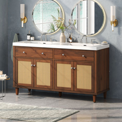 60" Bathroom Vanity With Double Sink ( SMC Sink ), Large Storage Space With 2 Tip-Out Trays / Flip-Out Drawers And 4 Soft Closing Doors, Solid Wood Legs And Metal Knobs