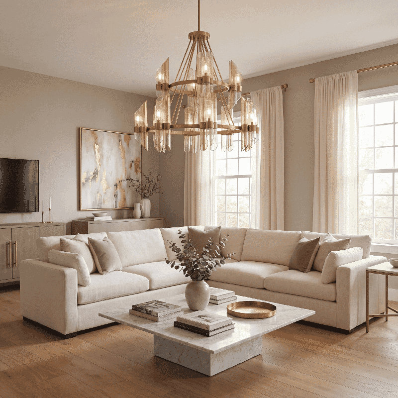  Lustre 12 lumières en laiton chaud Biltmore, 12 lumières, H 35 po x l 38 po x P 38 po, 2 niveaux