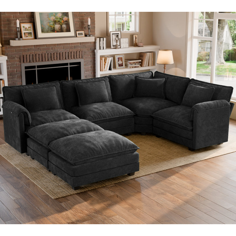 6-Piece 114" U Shaped Upholstered Corner Modular Sectional Sofa Cloud Couch With Ottomans - Chenille Fabric, Black Chenille