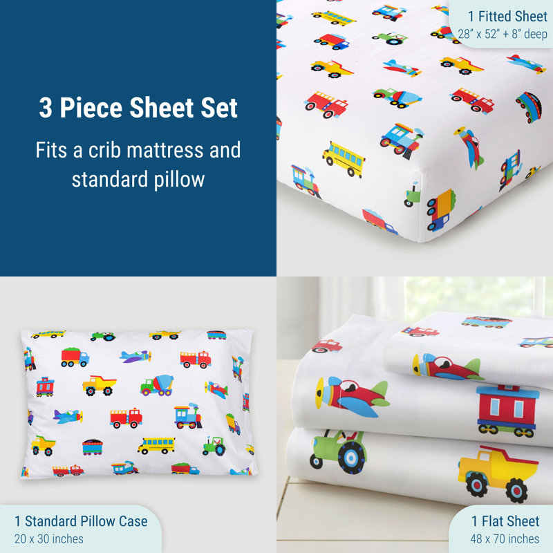  Ensemble de draps pour tout-petits 100% coton Wildkin - Draps doux et confortables - trains, avions et camions