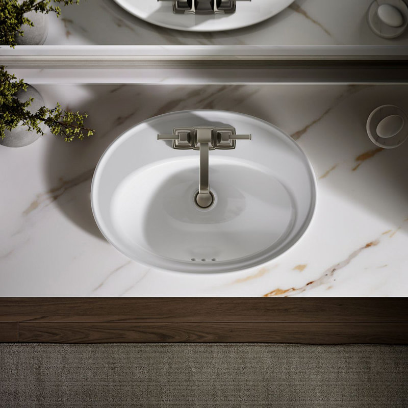 Serif Ceramic Oval Drop-In Bathroom Sink with Overflow, White, 4'' Centerset