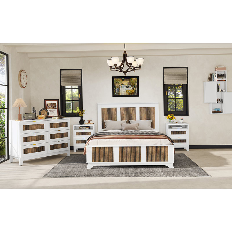 Ensemble de chambre à coucher 4 pièces, grand lit plateforme avec bande en bois, White