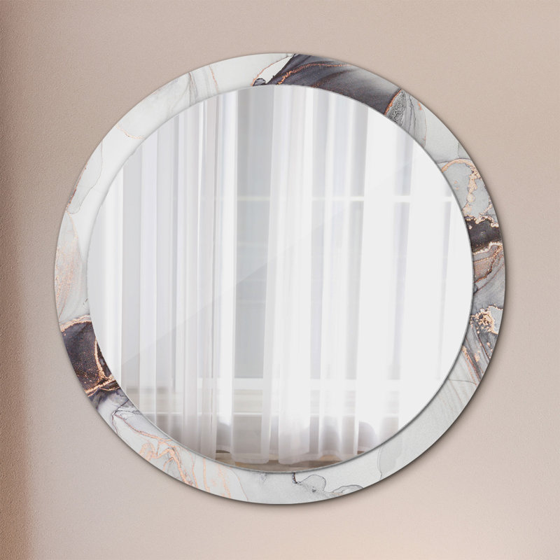 Huldar Glass Flat Wall Mirror, 100cm H x 100cm W, Black and White Marble Alcohol Ink Gold Veining