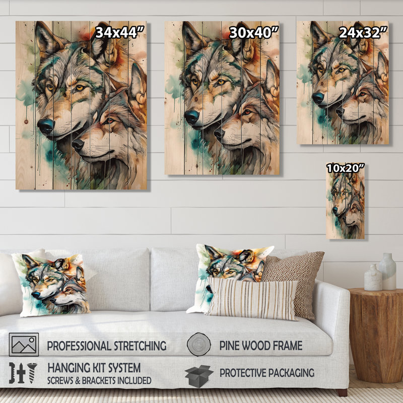 «Eklavya Wolves Portrait Watercolor1», reproduction sur bois, H 20 po x l 10 po x P 0,78 po
