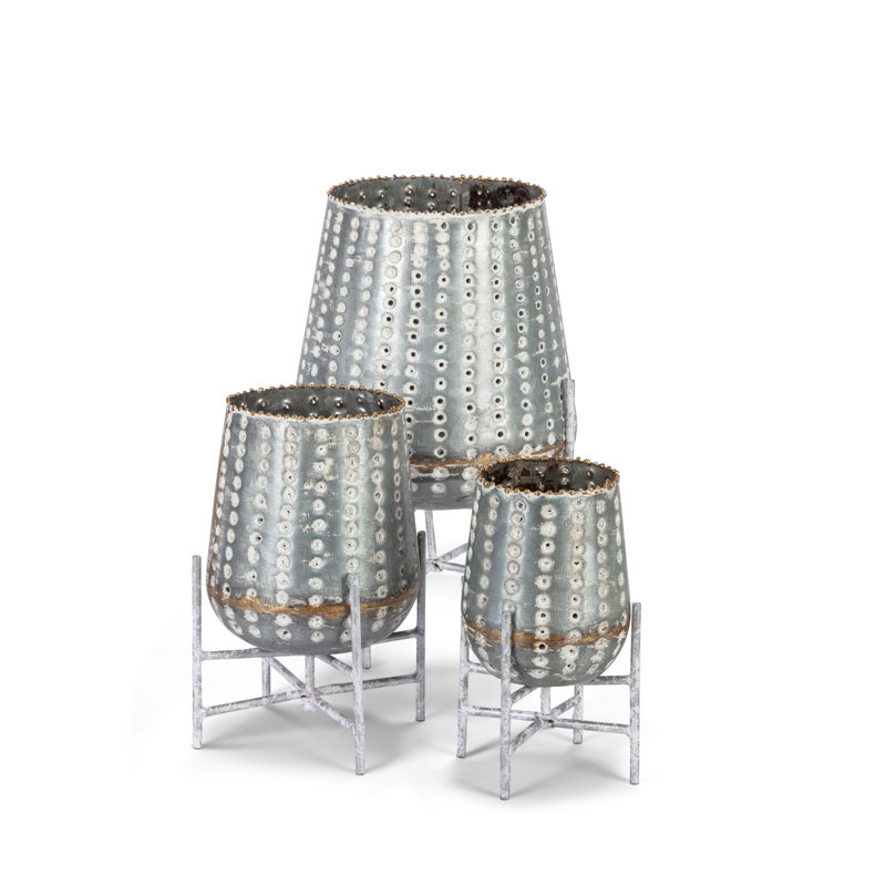 Assorted-Size, Rustic, Pierced Votives with Metal Pedestal Footed Stands (Set of 3)