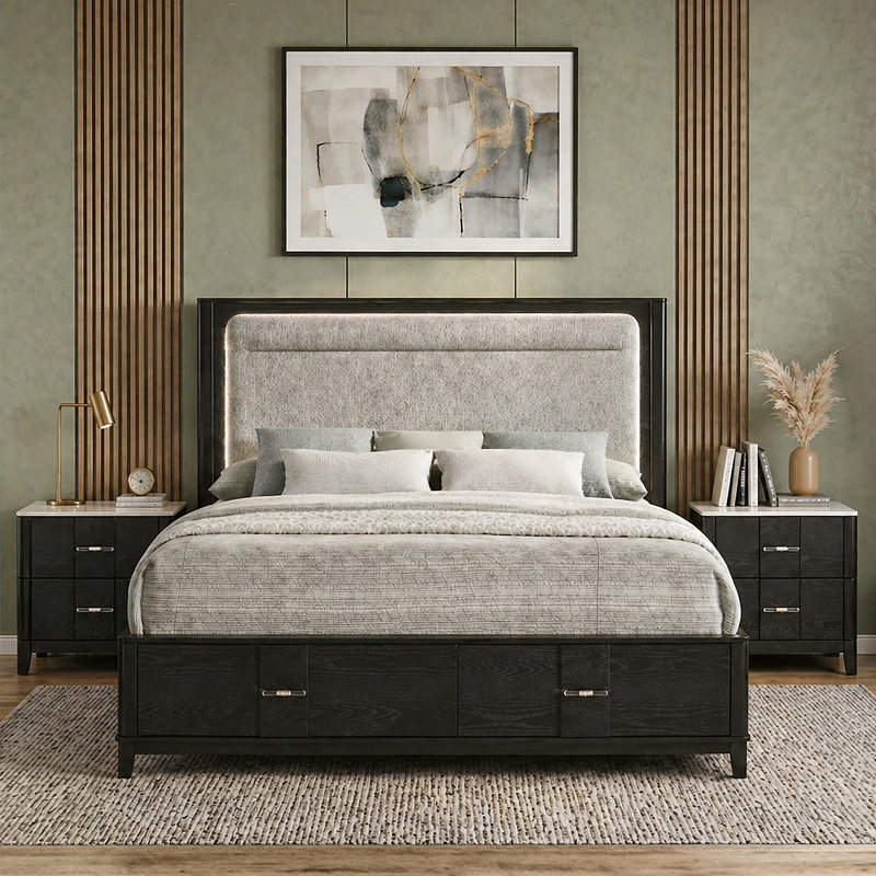 Ensemble de chambre à coucher avec rangement tapissier Vera Noir, 3 Pcs: Bed, 2 Nightstands, King
