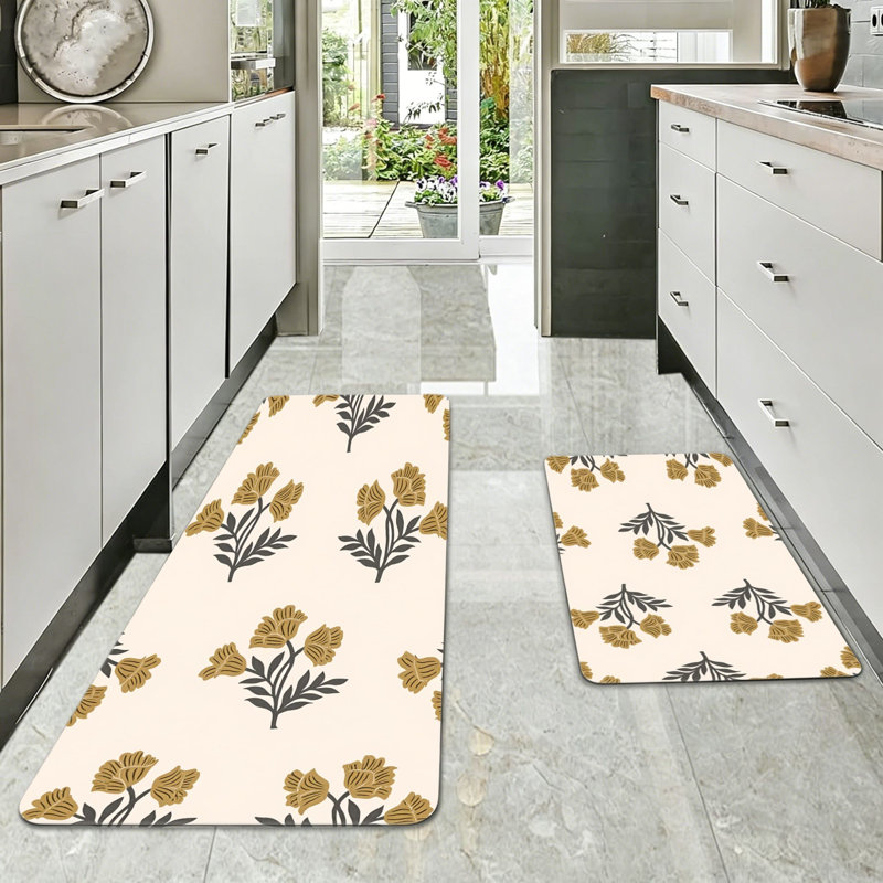 Tapis de cuisine jaune moutarde à imprimé floral rétro 2 pièces, solarium