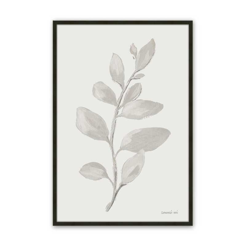 Élégantes feuilles grises I print, H 11 po x l 9 po, Cadre d'angle ouvert noir satiné