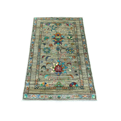 2 pi 8 po x 4 pi 4 po gris pierre, noué à la main, colorants naturels, laine douce et éclatante, Sultani afghan, motif floral sur tout, échantillon, tapis, tapis oriental