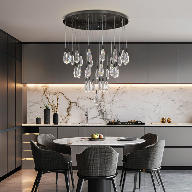 Naleya 43-Lights Round Ranidrop LED Crystal Chandelier, Matte Black