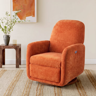 Brimley Mid-Century Modern Power Swivel Recliner Accent Chair with 180° Limited Rotation, Round Wooden Base & Removable Lumbar Pillow for Living Room, Bedroom & Reading Nook