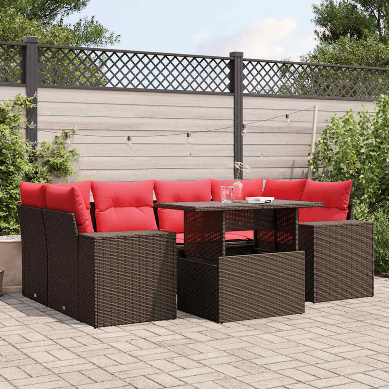 Ensemble de canapé de patio 7 pièces avec coussins en rotin de polyester, Rouge, Brun