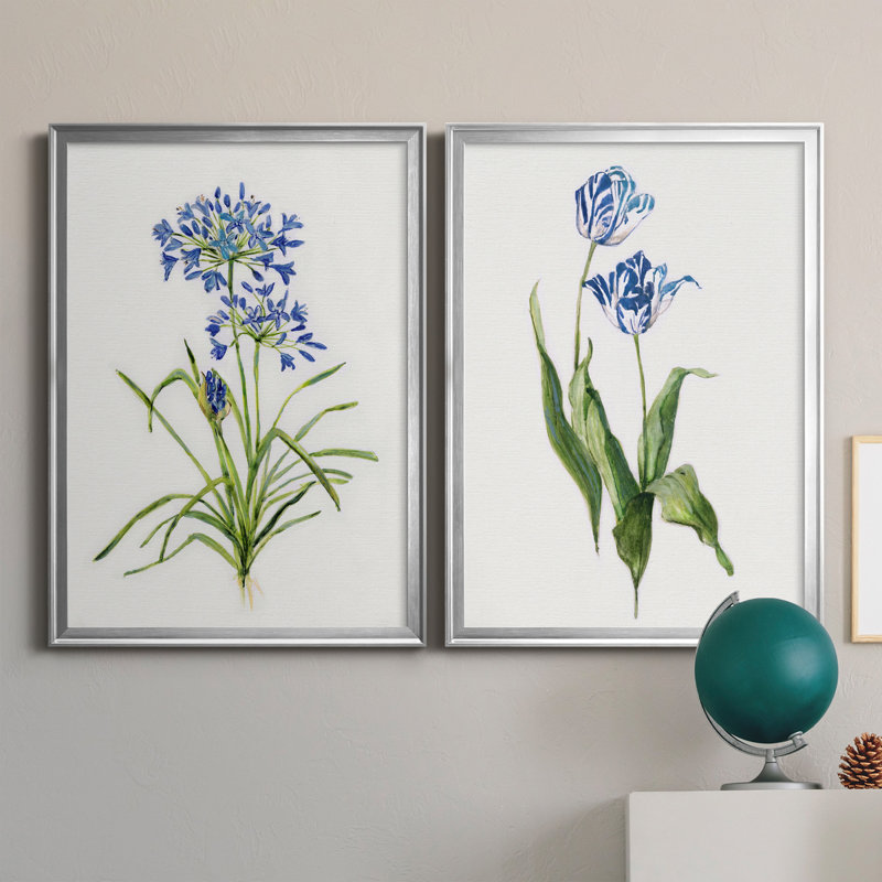 Blue Botanical Canvas Prints with Silver Frames, Set of 2