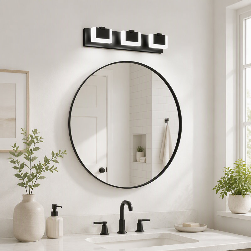 Luminaire de salle de bain moderne à 3 lumières à DEL noir et blanc avec miroir de salle de bain 6000K