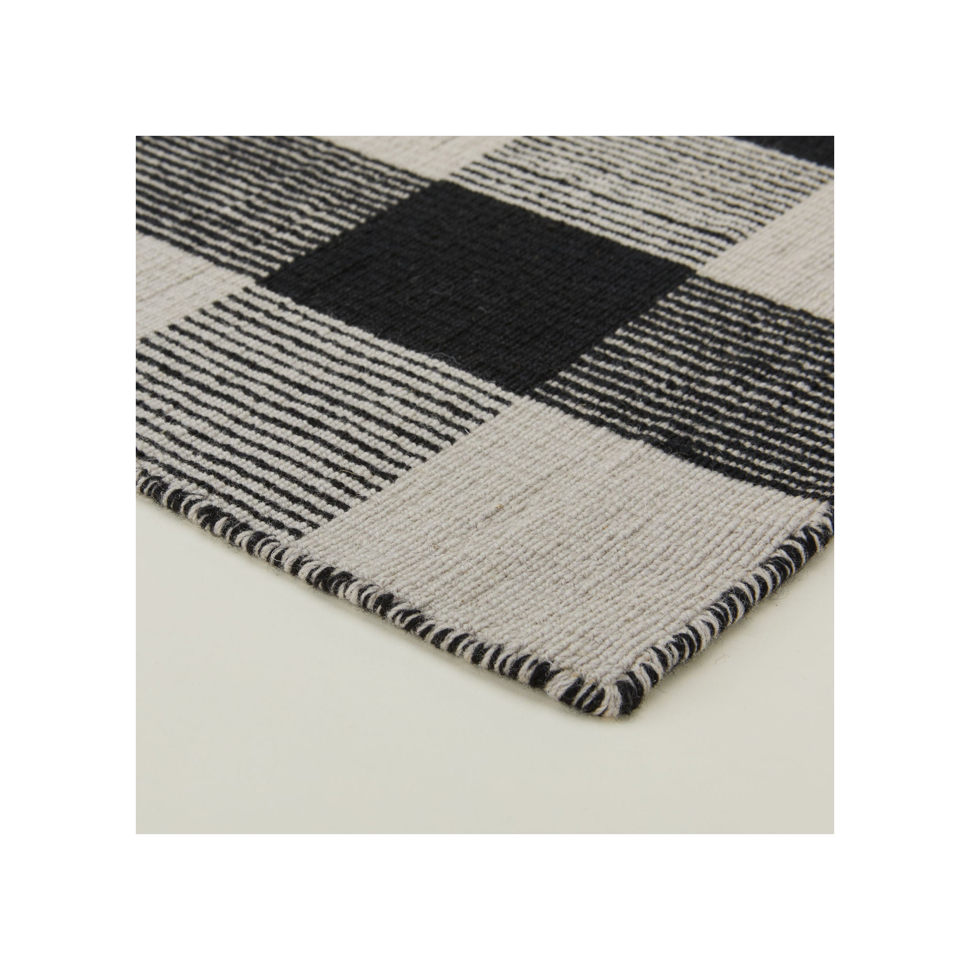 Charliss Gingham Machine Woven Flatweave Shag Wool Area Rug, Light Gray/Black, Rectangle 2' x 3'