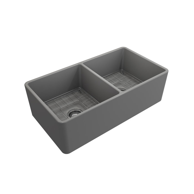 33'' L Double Bowl Fireclay Kitchen Sink, Matte Gray