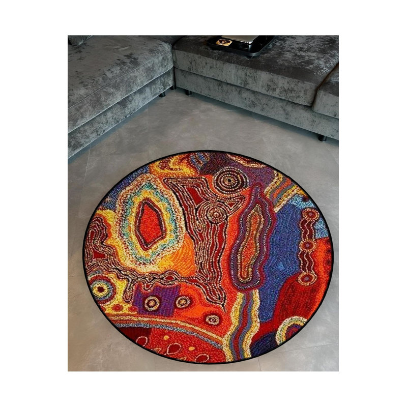 Tapis rond rond multicolore à motif abstrait lavable à la machine, Sous-tapis rond 4 pi 11 po inclus