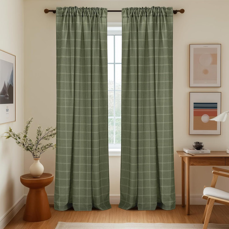 Linen Plaid Curtains Modern Window Panels Check Tartan Light Filtering Curtains for Living Room Bedroom, Rod Pocket Back Tab, 2 Panels