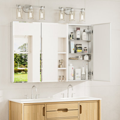 Recessed or Surface Mount Aluminum Beveled Frameless Medicine Cabinet With Mirrored Door and Adjustable Shelves