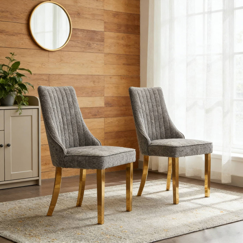 Ensemble de 2 chaises de salle à manger Grayaccent en rayonne de chenille avec pieds en acier inoxydable doré, Gris, Doré