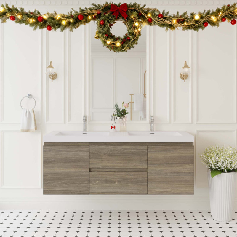 Meuble-lavabo flottant de 60 po avec deux lavabos, armoire murale avec surface solide et tiroirs à fermeture en douceur, entièrement assemblé