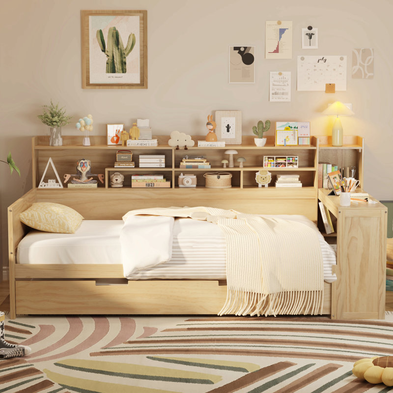 Lit de jour en bois avec tablettes de rangement, lit multifonctionnel avec tiroirs de rangement et bureau d'étude, Lit simple