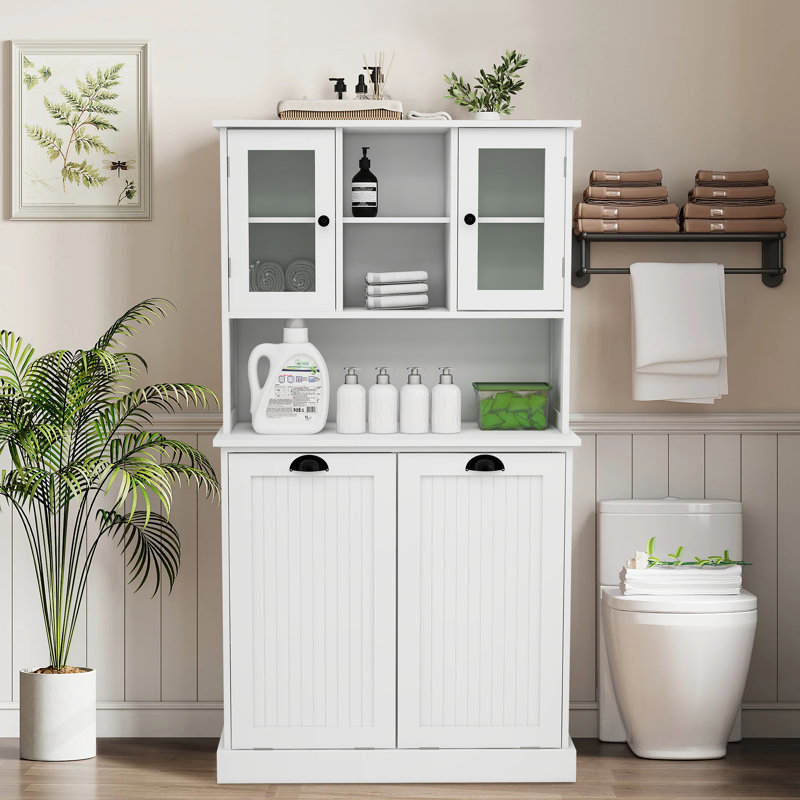 59.6" Tall Bathroom Laundry Storage Cabinet with Double Tilt-Out Hampers, Shelves and Countertop, Freestanding Laundry Linen Hamper Cabinet Organizer for Bathroom or Laundry Room