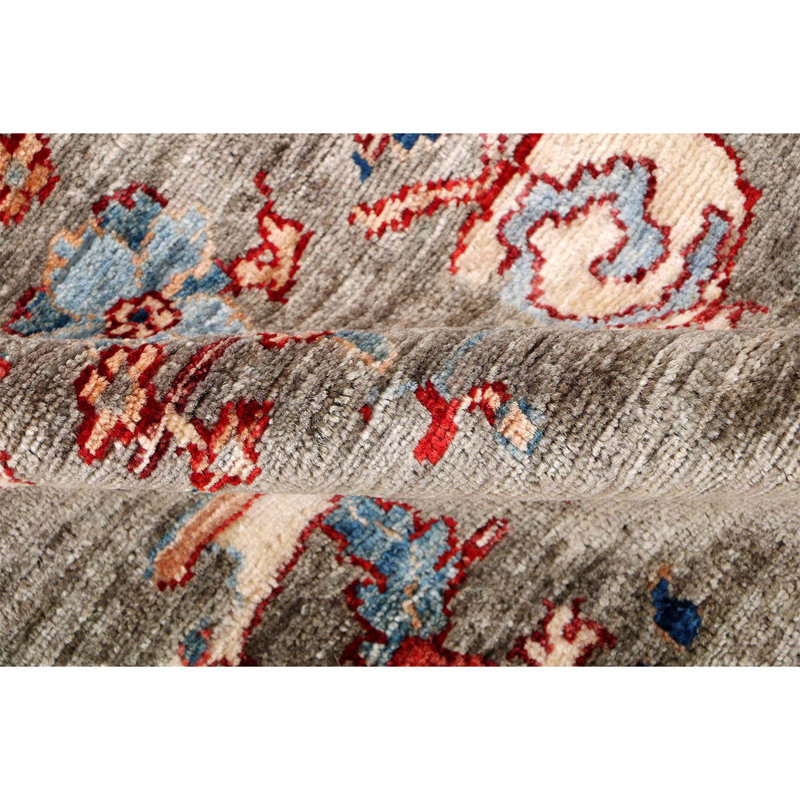 Tapis rouge / gris en laine noué à la main de conception unique 7 pi 9 po x 9 pi 10 po