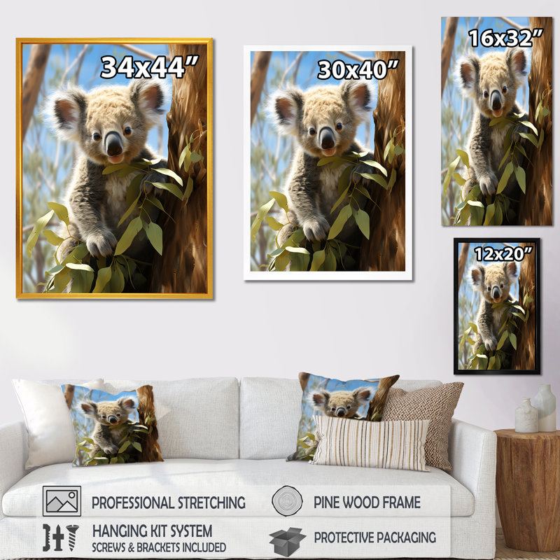 «Realistic Koala Eucalyptus Observer 1», art mural animal koala, Cadre doré simple, H 32 po x l 16 po x P 1 po