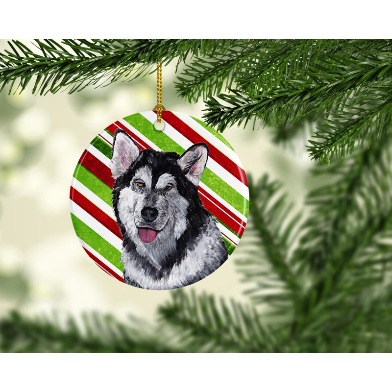 Ornement figurine suspendu en céramique de noël malamute effet velours alaskan