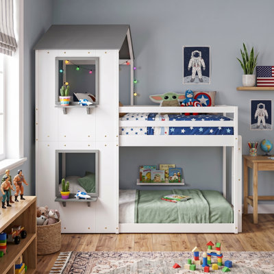 Twin Over Twin Bunk Bed Wood Bed With Roof, Window, Guardrail, Ladder (White)