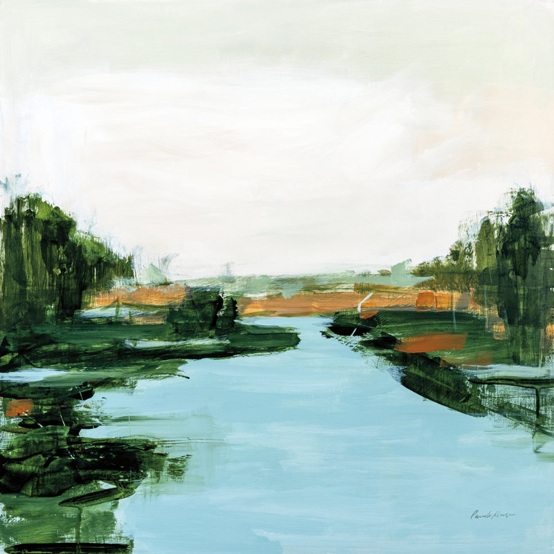 Rivière qui coule à travers - peinture sur toile tendue, H 30 po x l 30 po, Non, Cadre simple érable érable