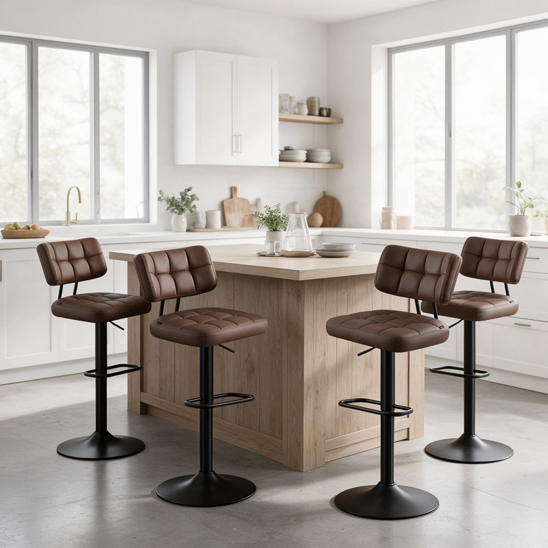 Tabourets de bar pivotants en similicuir de 49 cm de large, hauteur réglable, avec repose-pieds, coussin épais et dossier incurvé (paquet de 4).