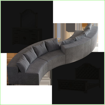Canapé modulaire en velours côtelé courbé 4 pièces avec 8 coussins pour le salon, la chambre et le bureau | Gris clair | Velours côtelé
