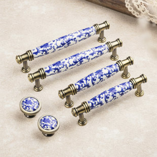  Cabinet And Drawer Pulls, Porcelain Ceramic Handles, Round Knobs, Blue And White, Set Of 6   (Set of 6)