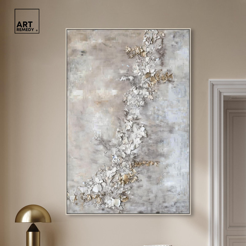 Rust Fragment Canvas Elegant Gold Abstract by Art Remedy, 55" H x 37" W, Silver Framed