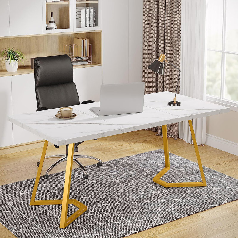 Maynord Metal Base Computer Desk, White/Gold