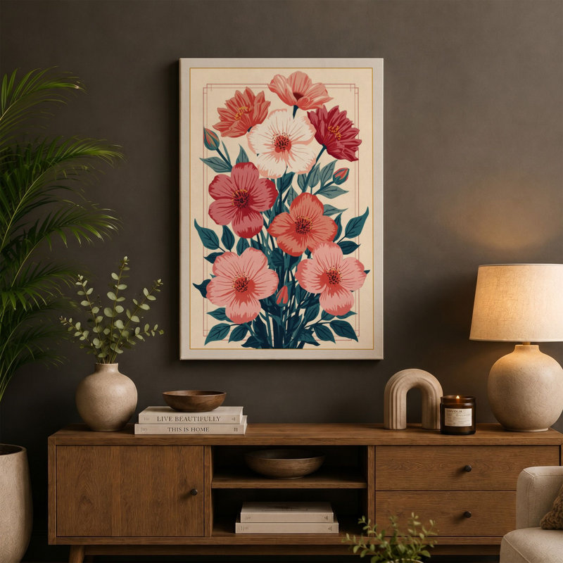 Carnation Bouquet Botanical - Wrapped Canvas, 36x24 - 91.4 x 61.0 cm, Taupe Border