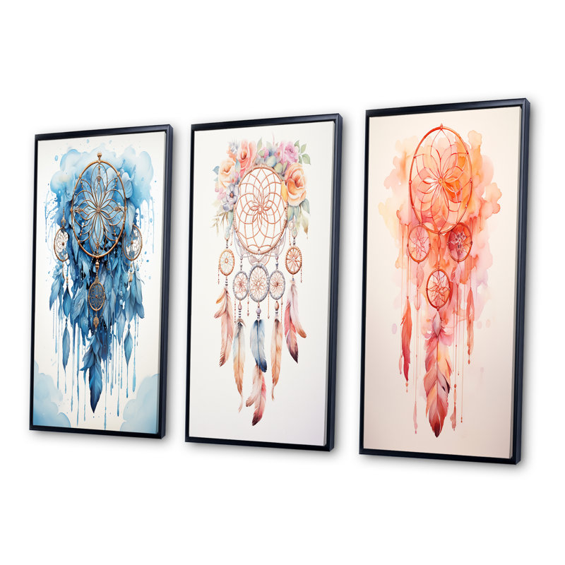 «Blue Boho Dreamcatcher Watercolor», 3 pièces sur toile, Cadre noir, H 32 po x l 48 po